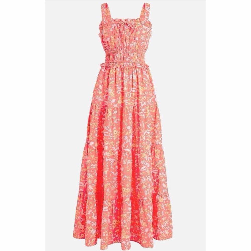 J.Crew Sunny Blooms Pink Floral Smocked Cotton Midi Dress Pockets Ruffle M - Picture 5 of 10
